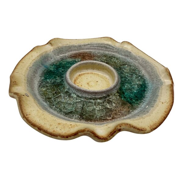 Stoneware Crackle Glaze Votive Candle Holder Dish Crushed Glass Pottery USA - Picture 3 of 8